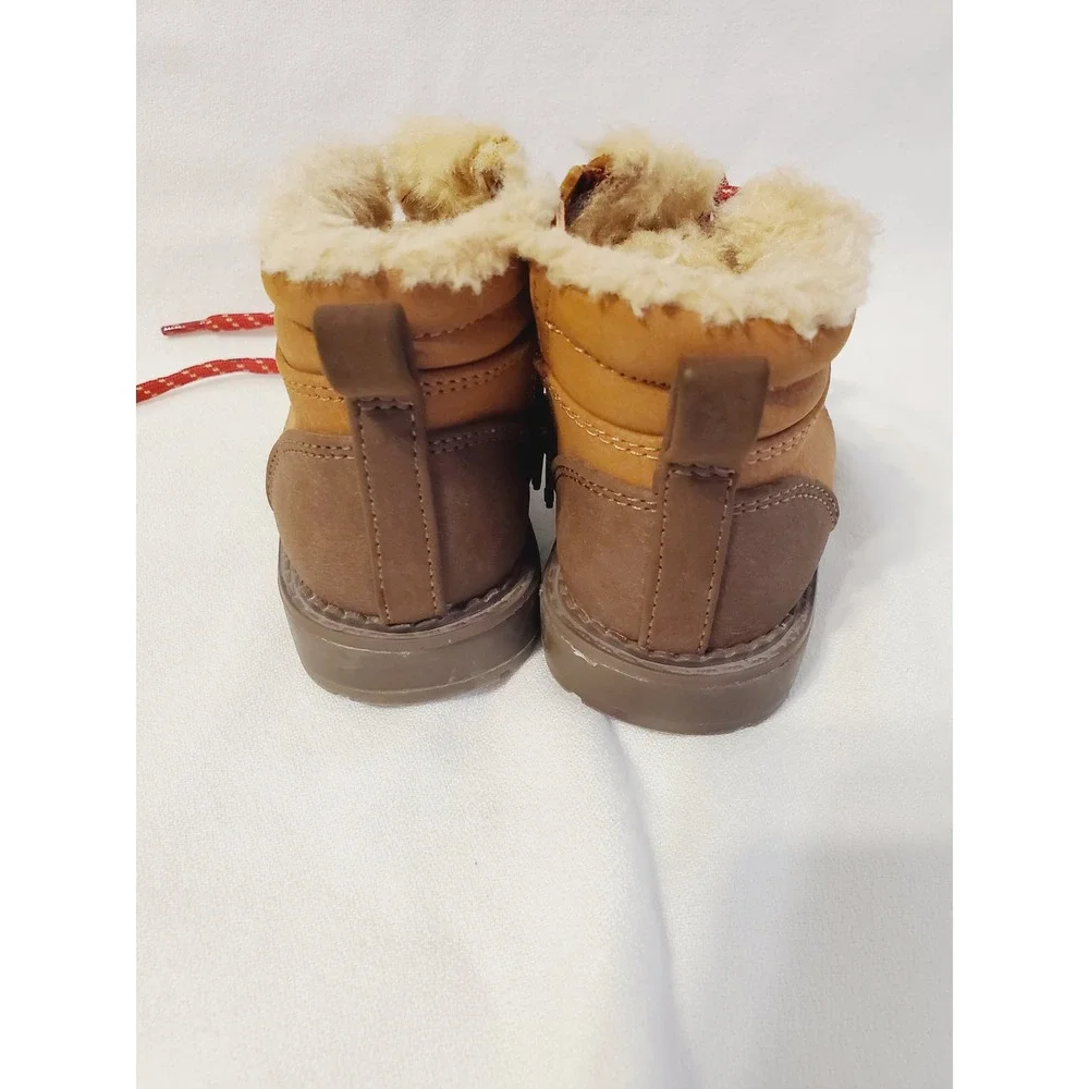 Cat & Jack Toddler Boys Sz 5 Tan Faux Fur Lined Hiking Boots Red Laces